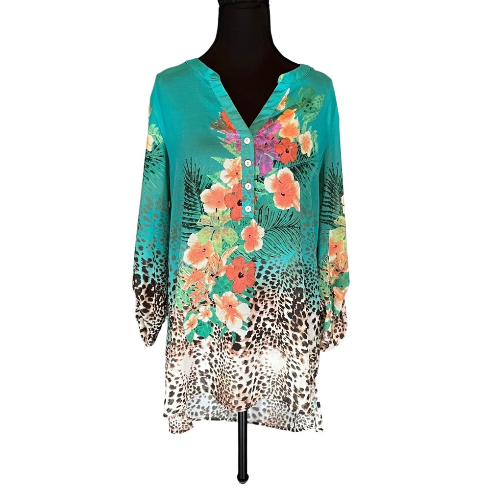 Soft Surroundings Teal Floral Leopard Print Tunic Blouse Roll Tab Sleeve M Boho